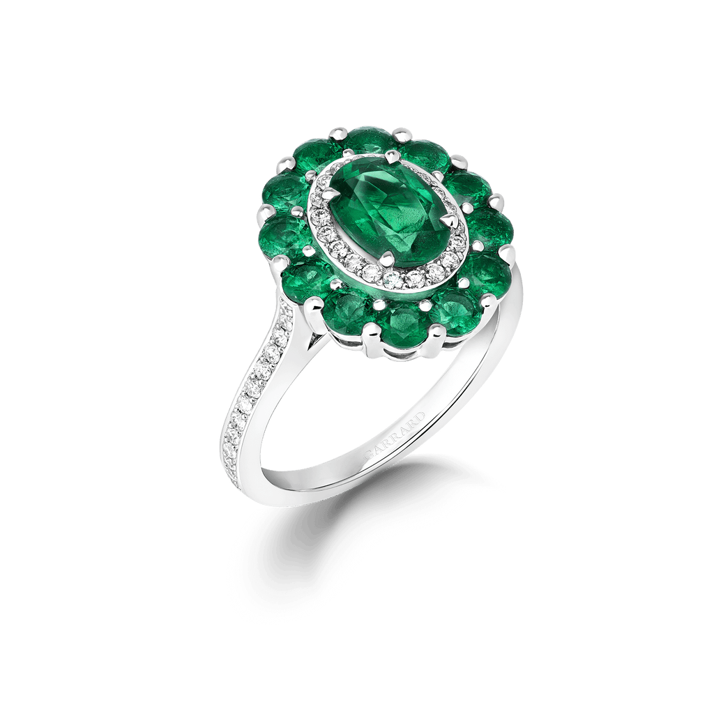 Garrard 1735 jewellery colelction Double Colour Cluster Emerald Ring In Platinum with Diamonds JR17PT17