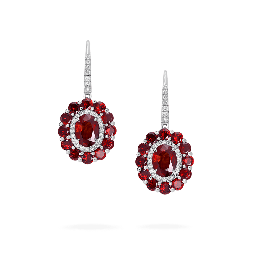 Garrard 1735 jewellery colelction Double Colour Cluster Ruby Drop Earrings In Platinum with Diamonds JE17PT21 1