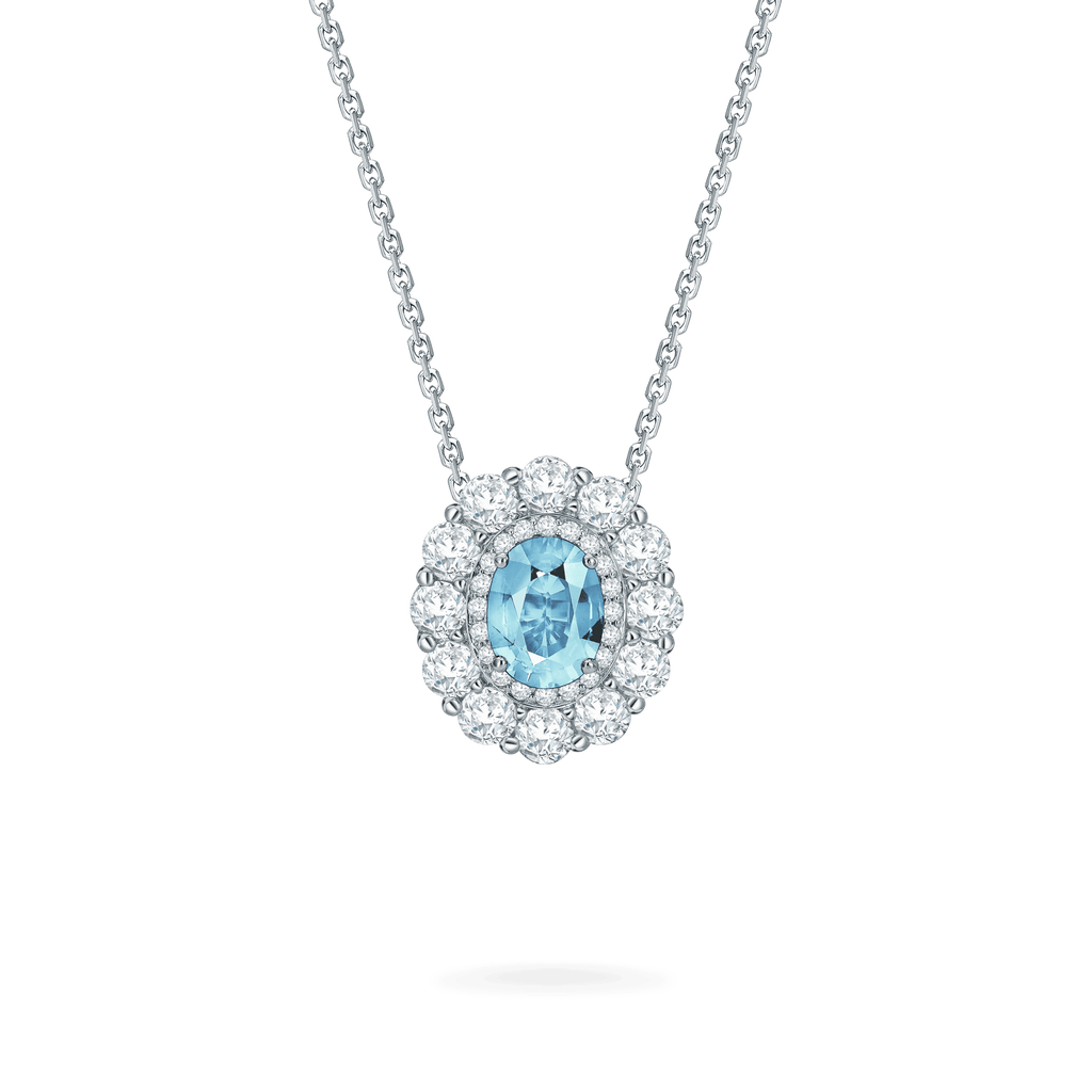 Garrard 1735 jewellery collection Aquamarine Double Cluster Pendant in Platinum with Diamonds JP17PT11 Hero View Fixed