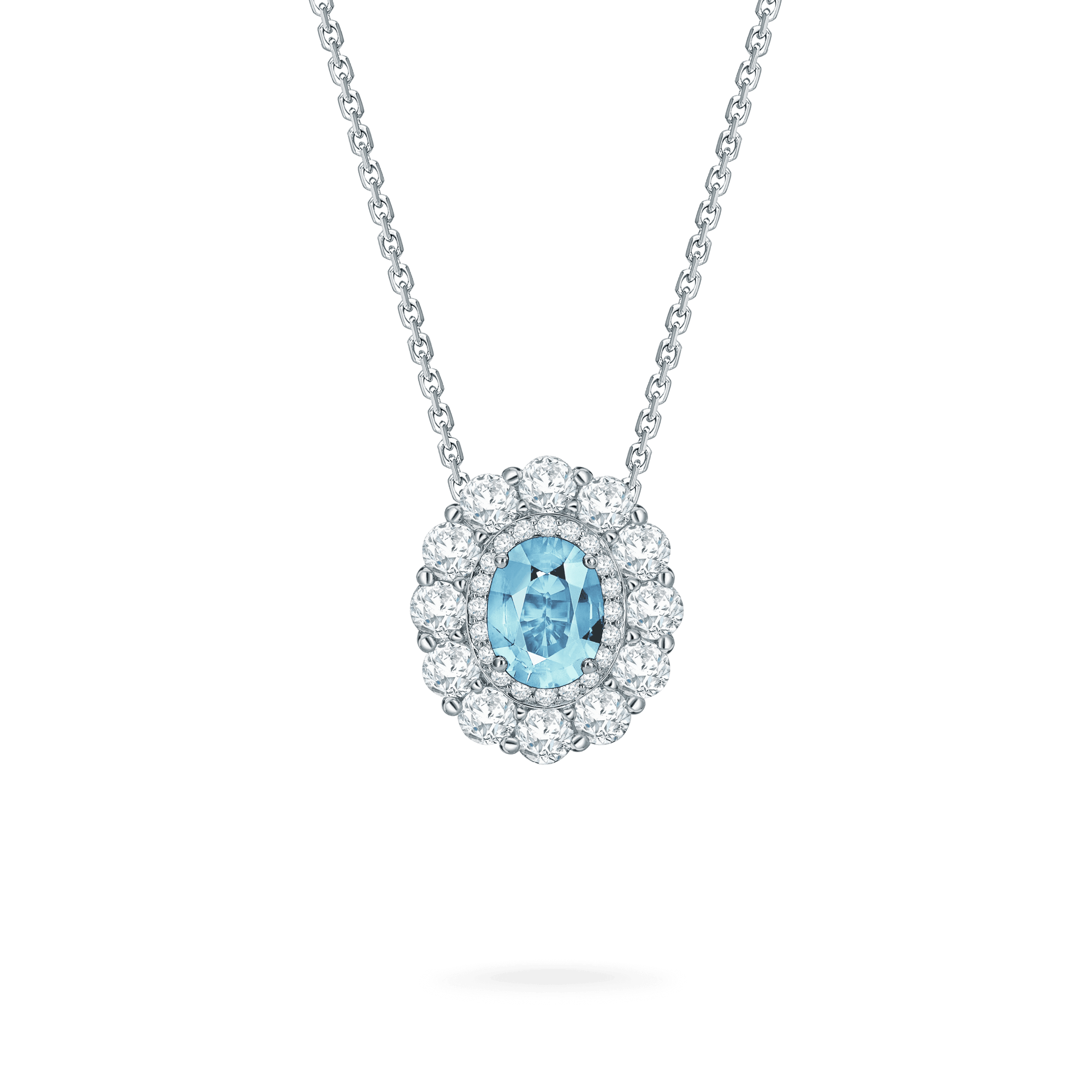 Garrard 1735 jewellery collection Aquamarine Double Cluster Pendant in Platinum with Diamonds JP17PT11 Hero View Fixed