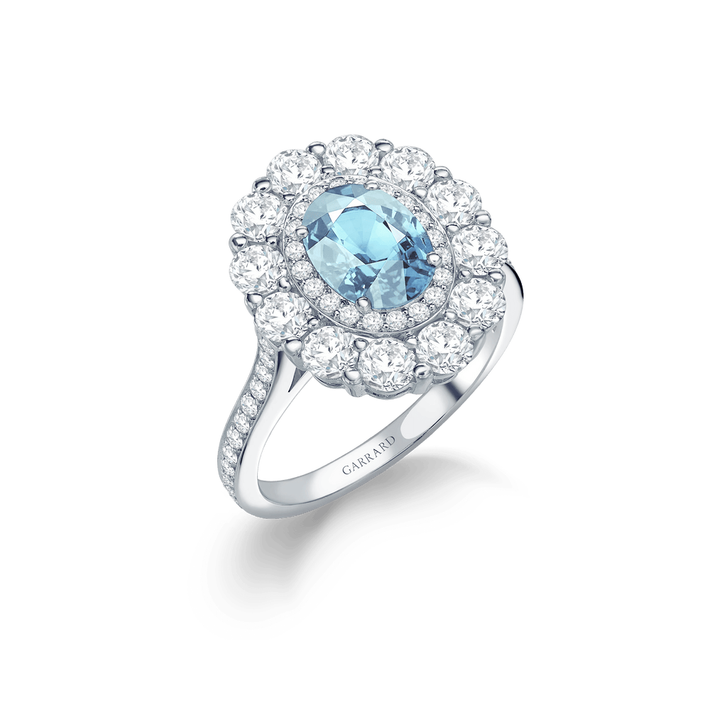 Garrard 1735 jewellery collection Aquamarine Double Cluster Ring In Platinum with Diamonds JR17PT11 Hero View