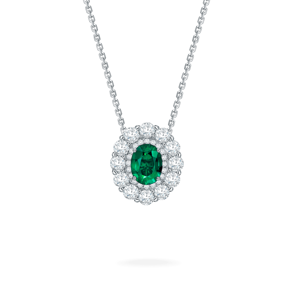 Garrard 1735 jewellery collection Emerald Double Cluster Pendant in Platinum with Diamonds JP17PT11 Hero View Fixed