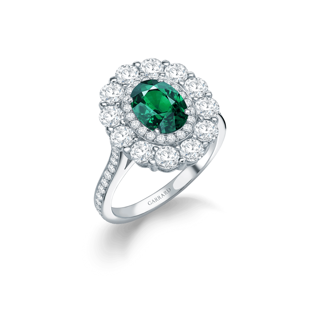 Garrard 1735 jewellery collection Emerald Oval Double Cluster Ring In Platinium with Diamonds, JR17PT07, Hero View