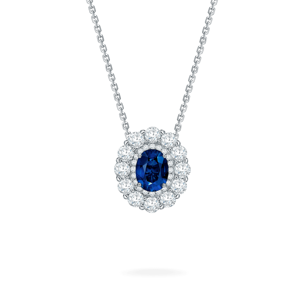 Garrard 1735 jewellery collection Sapphire Double Cluster Pendant in Platinum with Diamonds JP17PT11 Hero View
