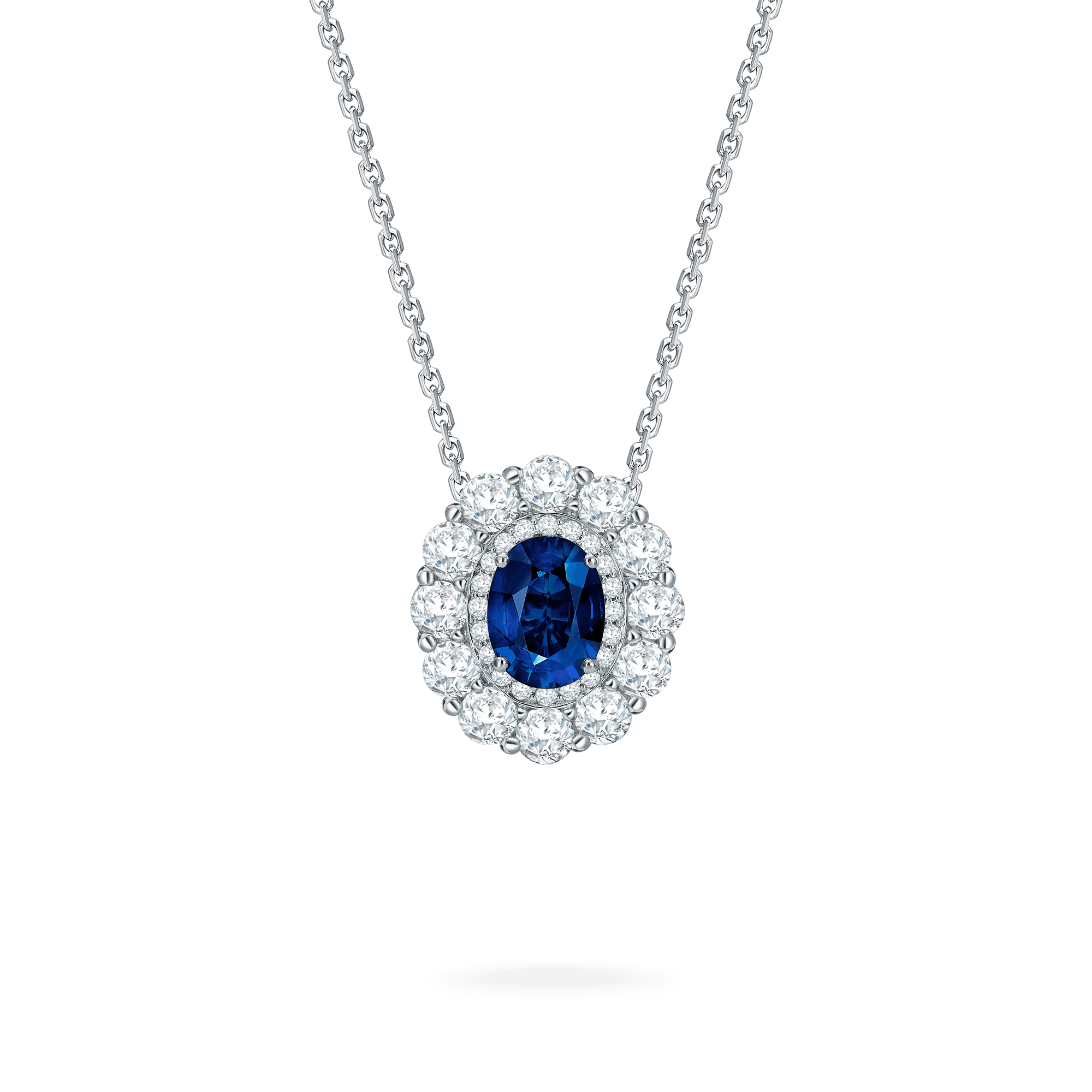 Garrard 1735 jewellery collection Sapphire Double Cluster Pendant in Platinum with Diamonds JP17PT11 Hero View