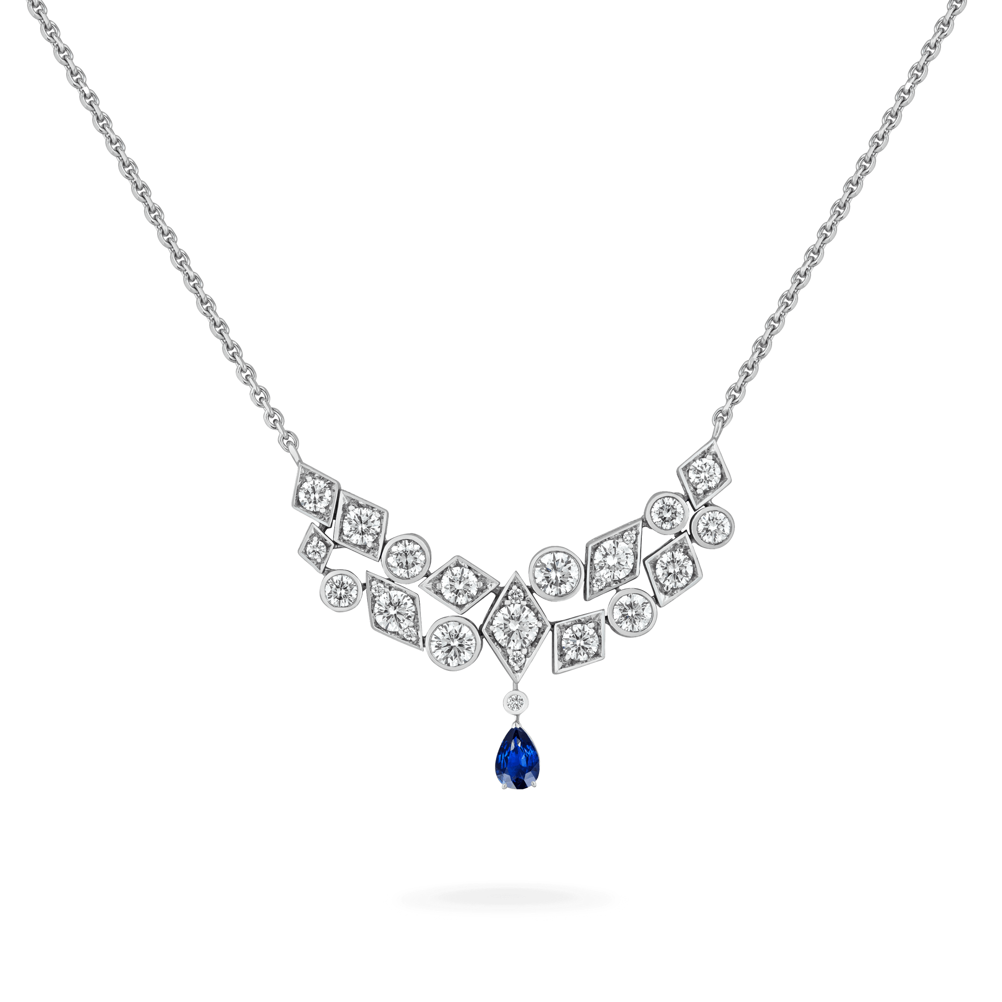 Garrard Albemarle Abstract jewellery Collection transformable diamond necklace in 18ct white gold sapphire drop 2017419 2017500 Hero