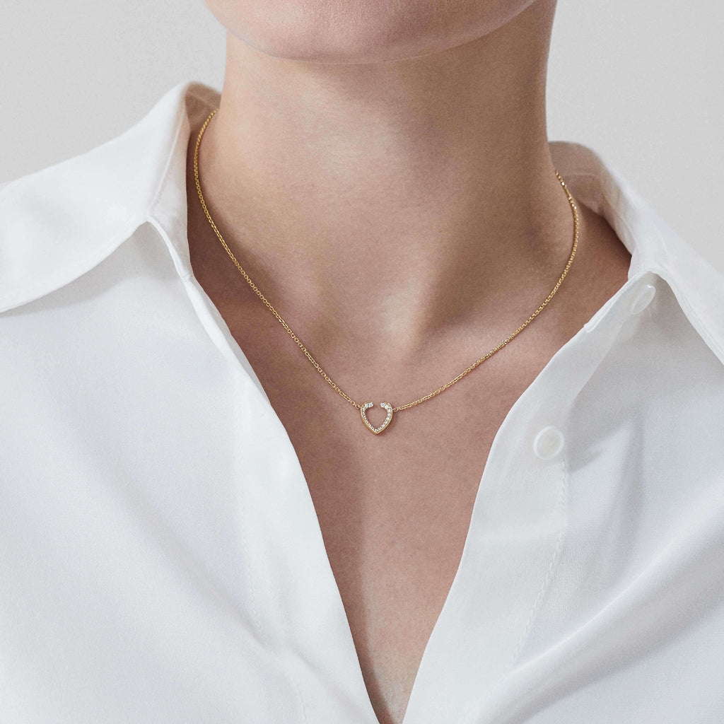 Garrard Aloria Mini Icon collection white diamond pendant in 18ct yellow gold 2018645 On Model