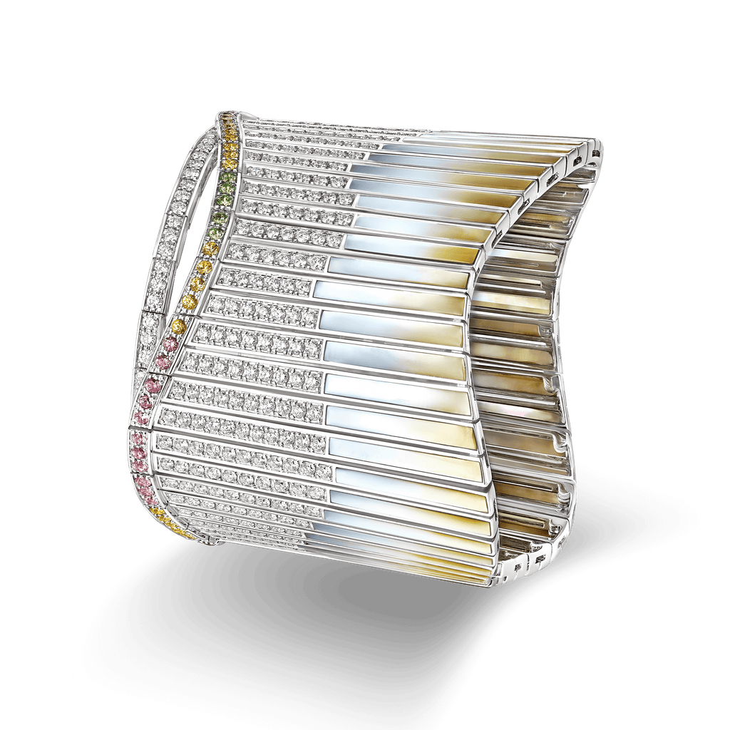 Garrard Couture Northern Lights Bracelet In 18ct White Gold with Sapphires Tsavorites Diamonds and Mother of Pearl 2018093