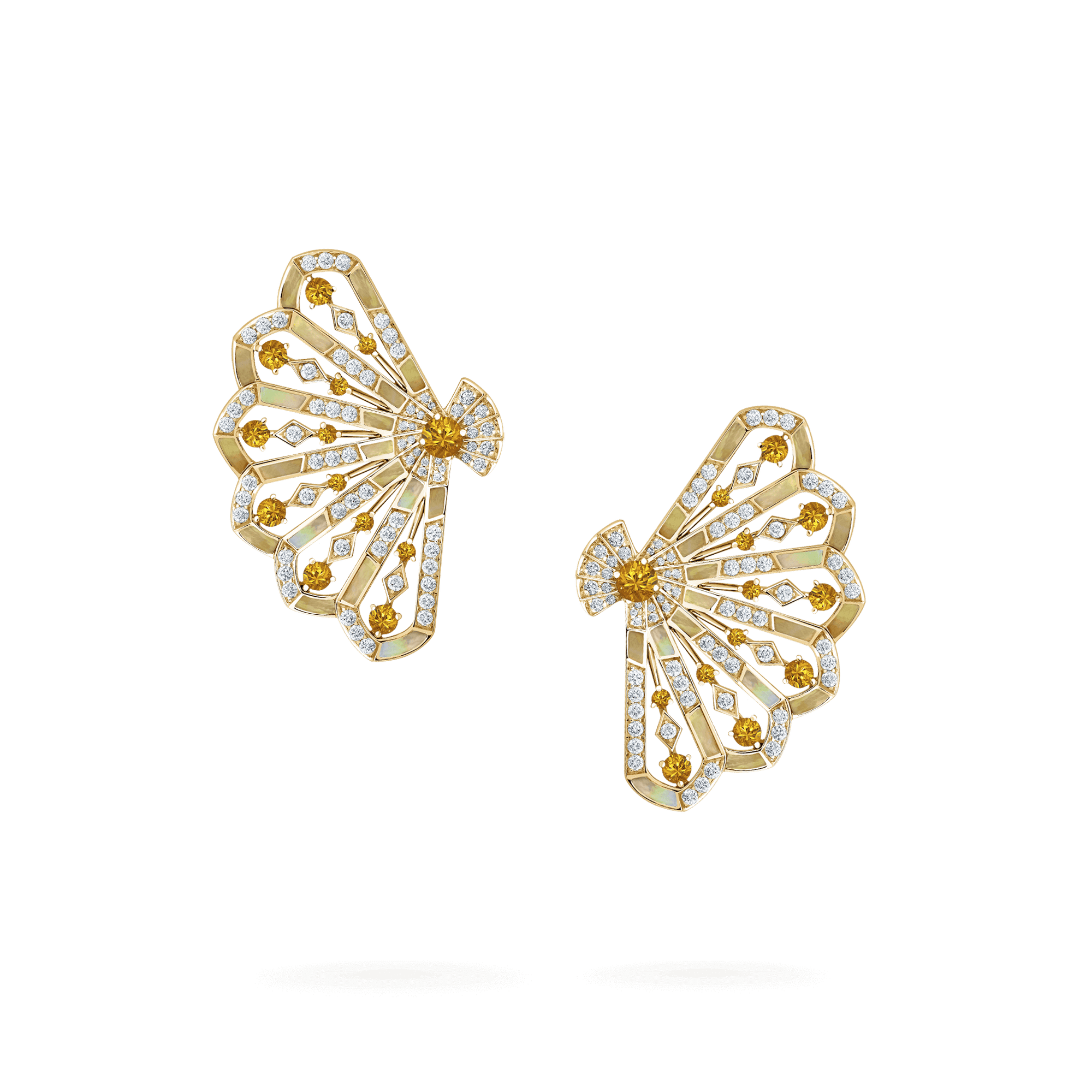 Garrard Fanfare Symphony Jewellery Collection Diamond and Orange Sapphire Earrings In 18ct Yellow Gold with Golden Mother of Pearl 2018740 Hero