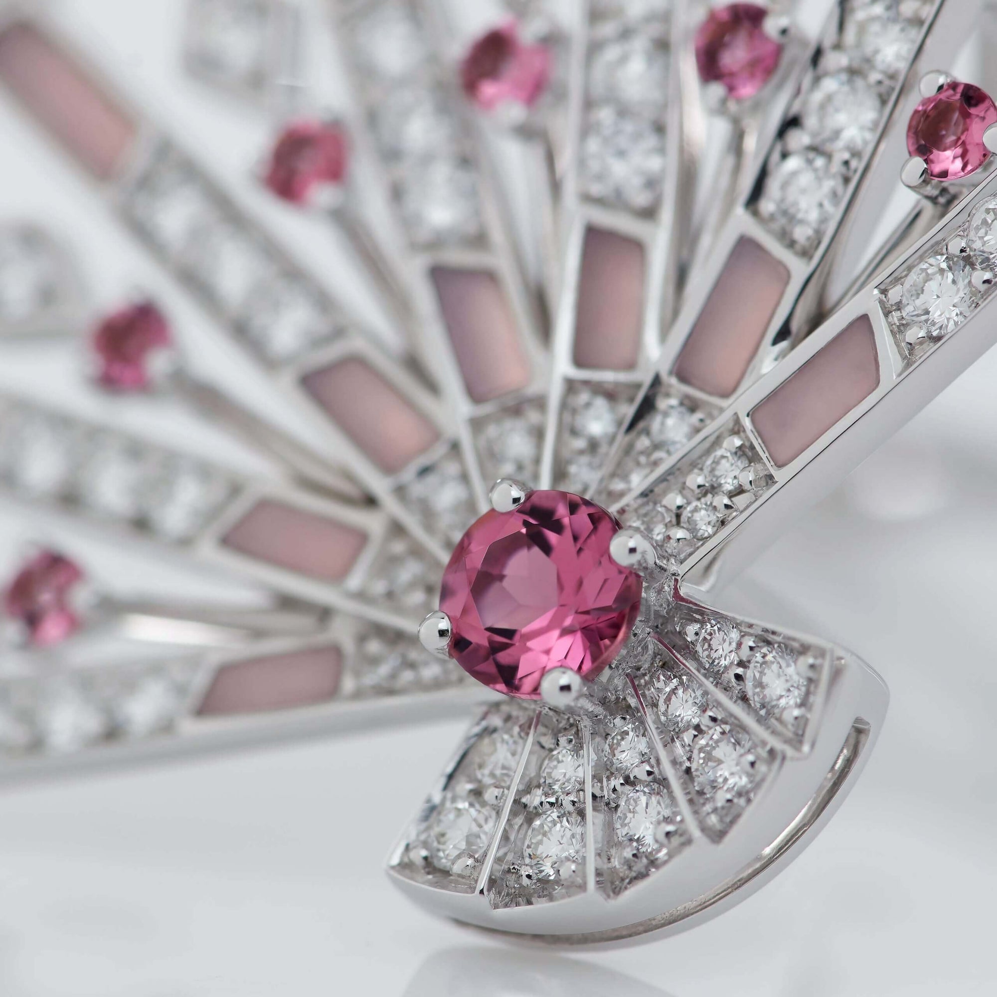 Fanfare Symphony Diamond and Pink Tourmaline Ring | In 18ct White Gold with Pink Opal