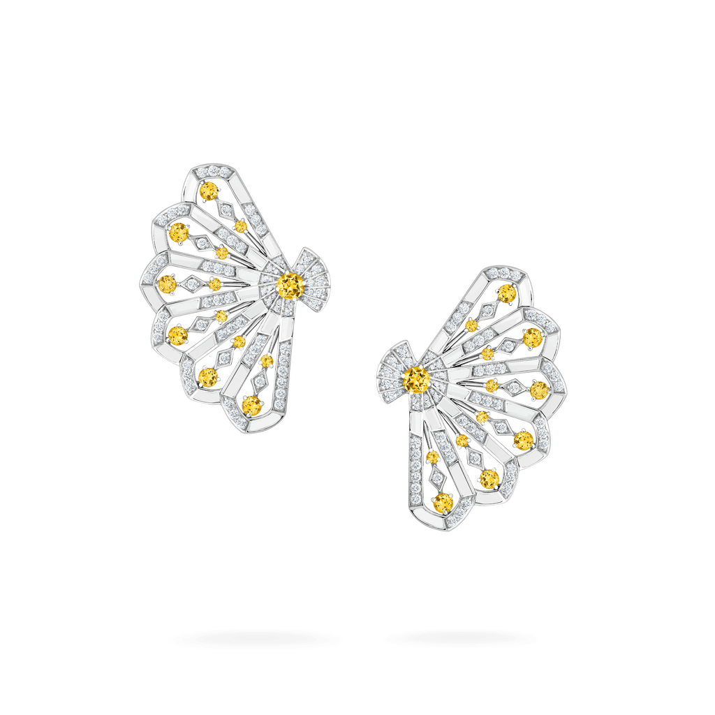 Fanfare Symphony Diamond and Yellow Sapphire Earrings | In 18ct White Gold with White Agate
