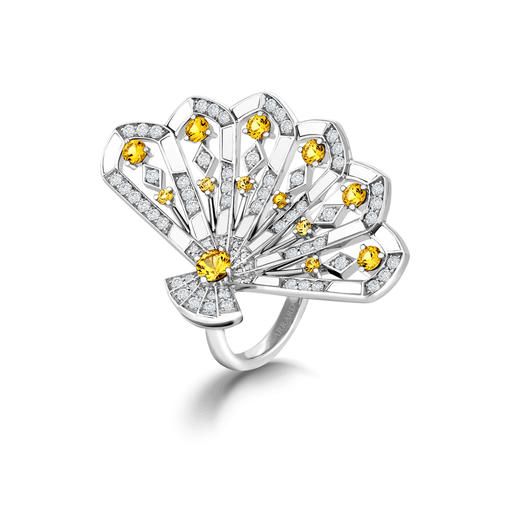 Garrard Fanfare Symphony collection Diamond and Yellow Sapphire Ring in 18ct White Gold with White Agate 2017362 Hero View