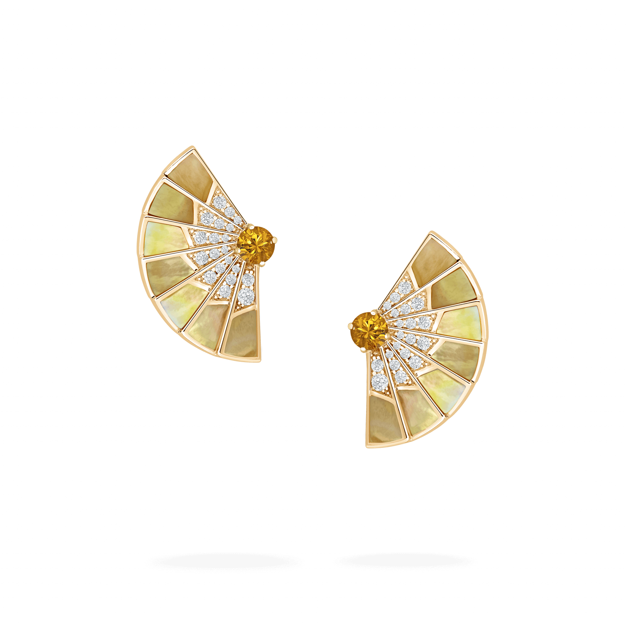 Garrard Fanfare Symphony jewellery collection Orange Sapphire and Golden Mother of Pearl Earrings In 18ct Yellow Gold with Diamonds 2018711 Hero View