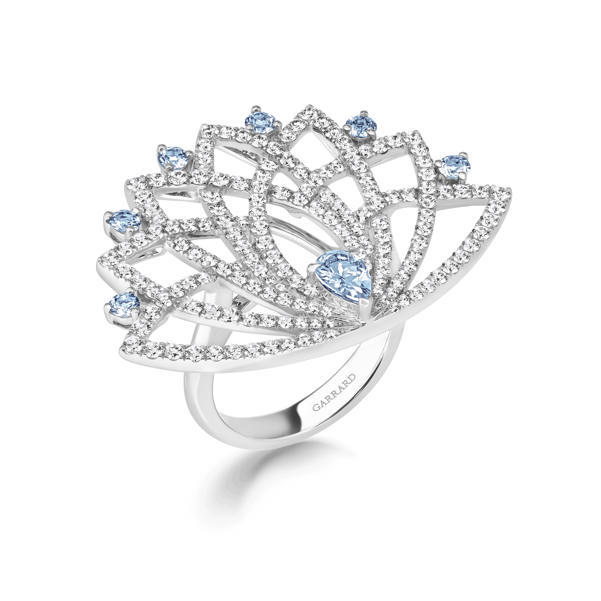 Garrard Lotus Jewellery Collection Lotus Bloom Aquamarine and Diamond Ring In 18K White Gold, 2019358, Hero