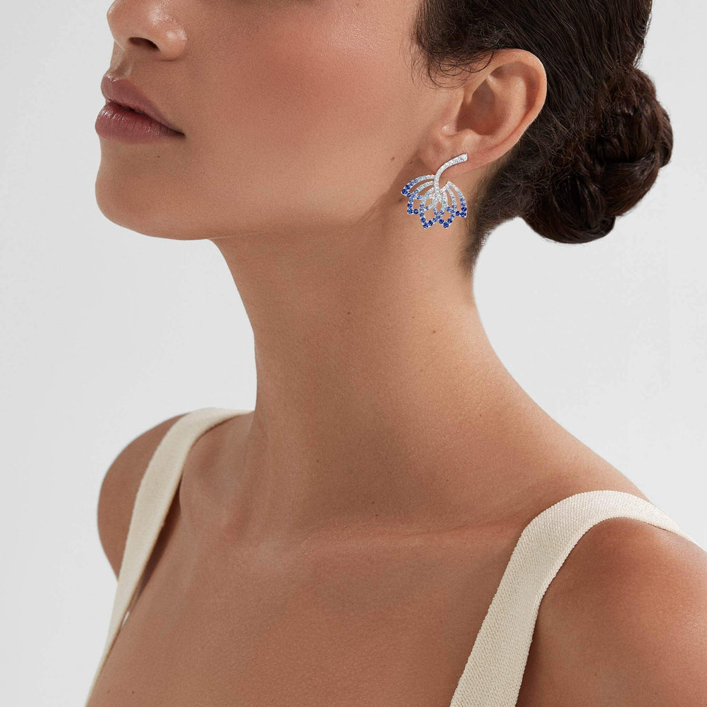 Garrard Lotus Jewellery Collection Lotus Flower Blue Sapphire and and Diamond Earrings in 18K White Gold, 2019316, Model
