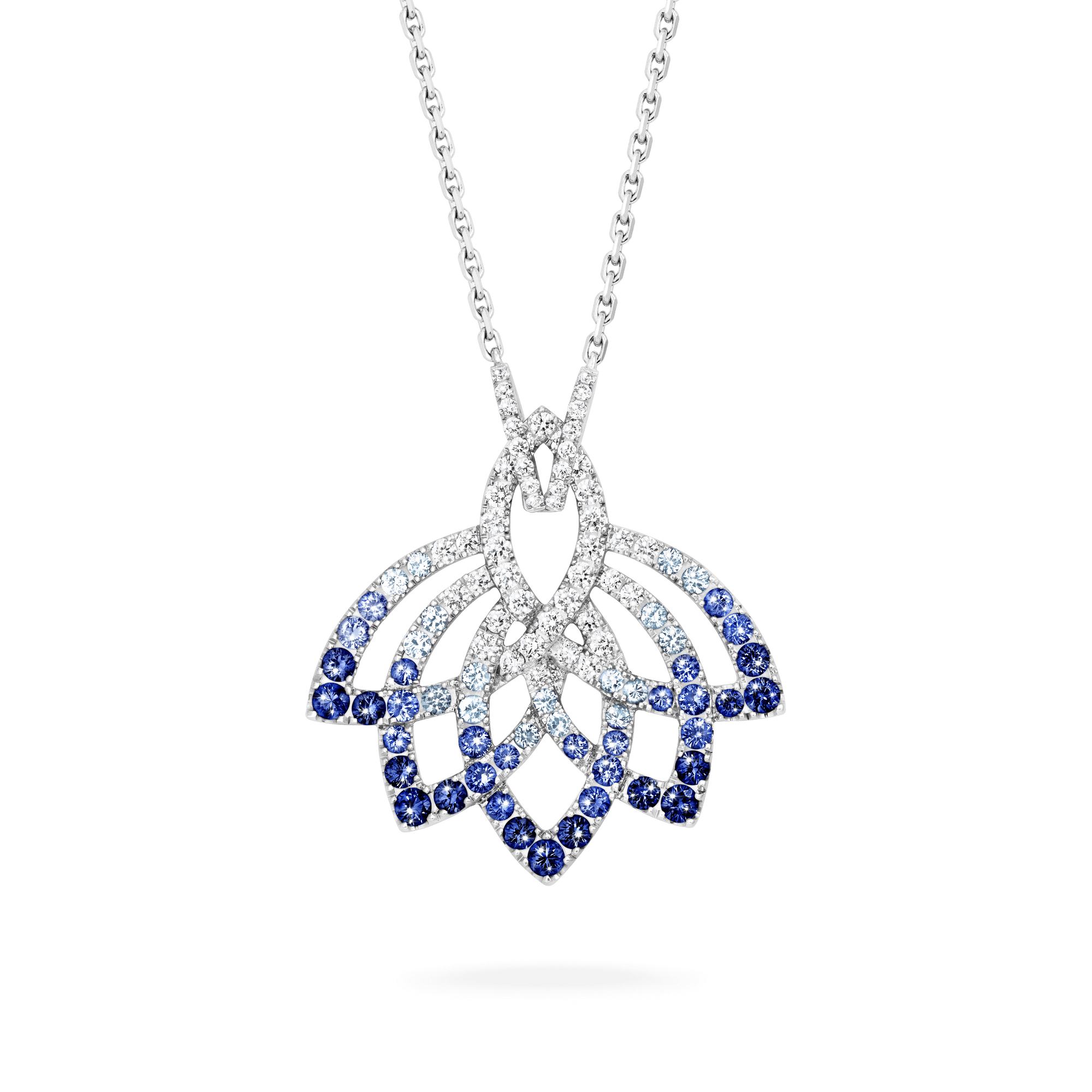 Garrard Lotus Jewellery Collection Lotus Flower Blue Sapphire and and Diamond Pendant in 18K White Gold, 2019310, Hero