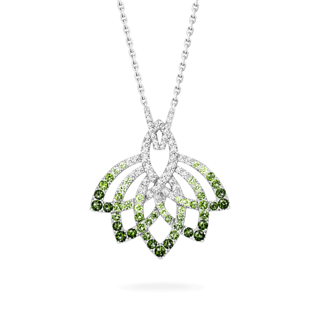 Garrard Lotus Jewellery Collection Lotus Flower Tsavorite Garnet and Diamond Pendant in 18K White Gold, 2019311, Hero