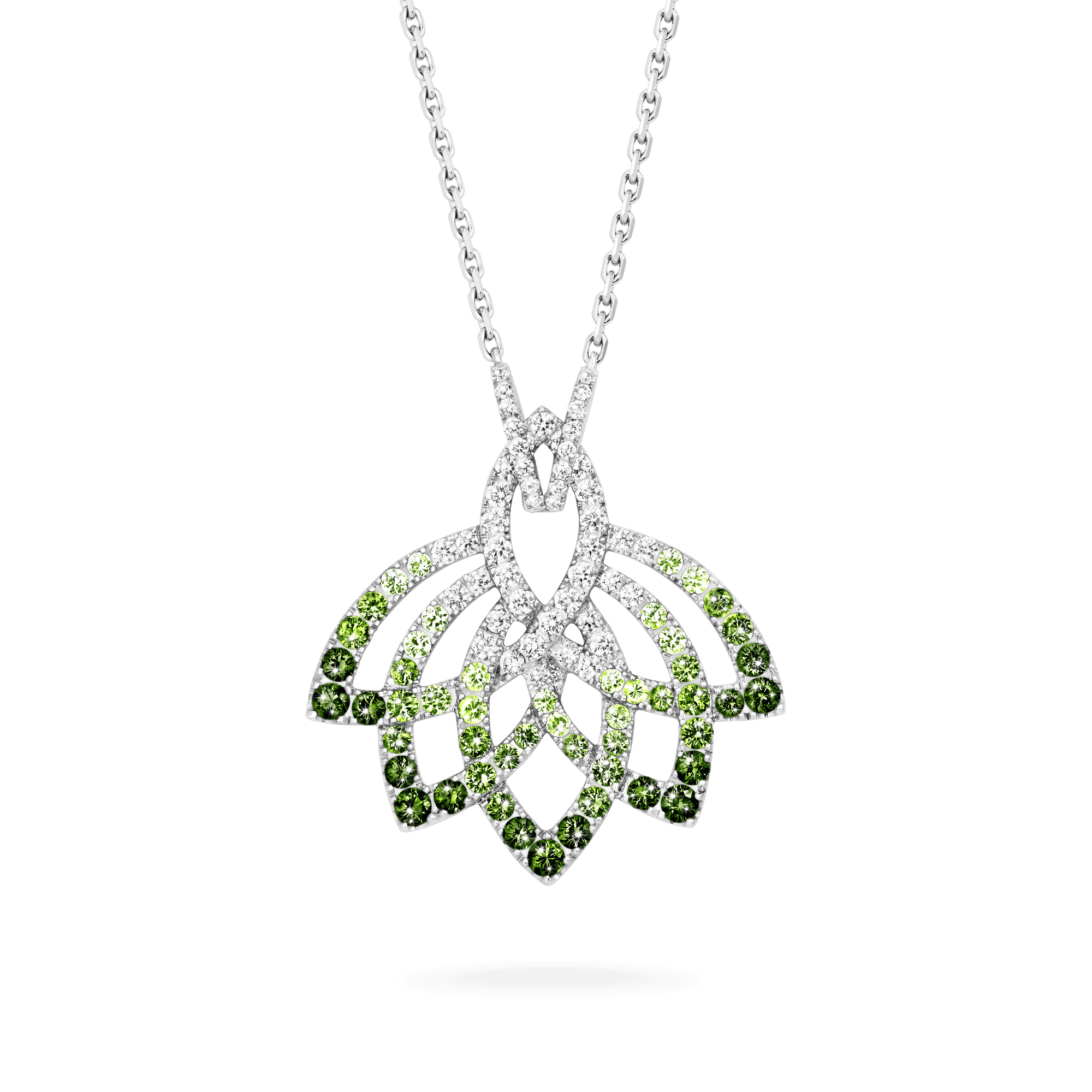 Garrard Lotus Jewellery Collection Lotus Flower Tsavorite Garnet and Diamond Pendant in 18K White Gold, 2019311, Hero