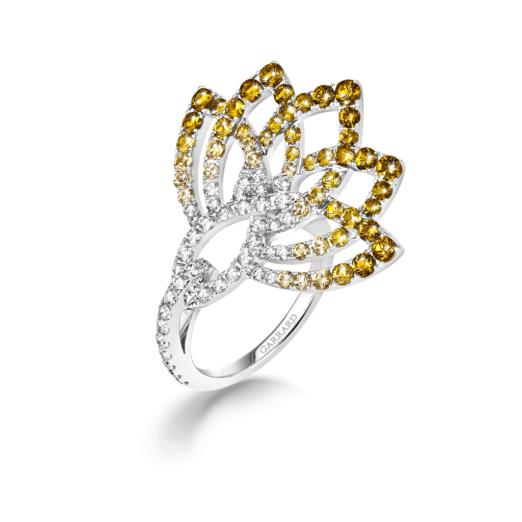 Garrard Lotus Jewellery Collection Lotus Flower Yellow Sapphire and and Diamond Ring in 18K White Gold, 2019336, Hero