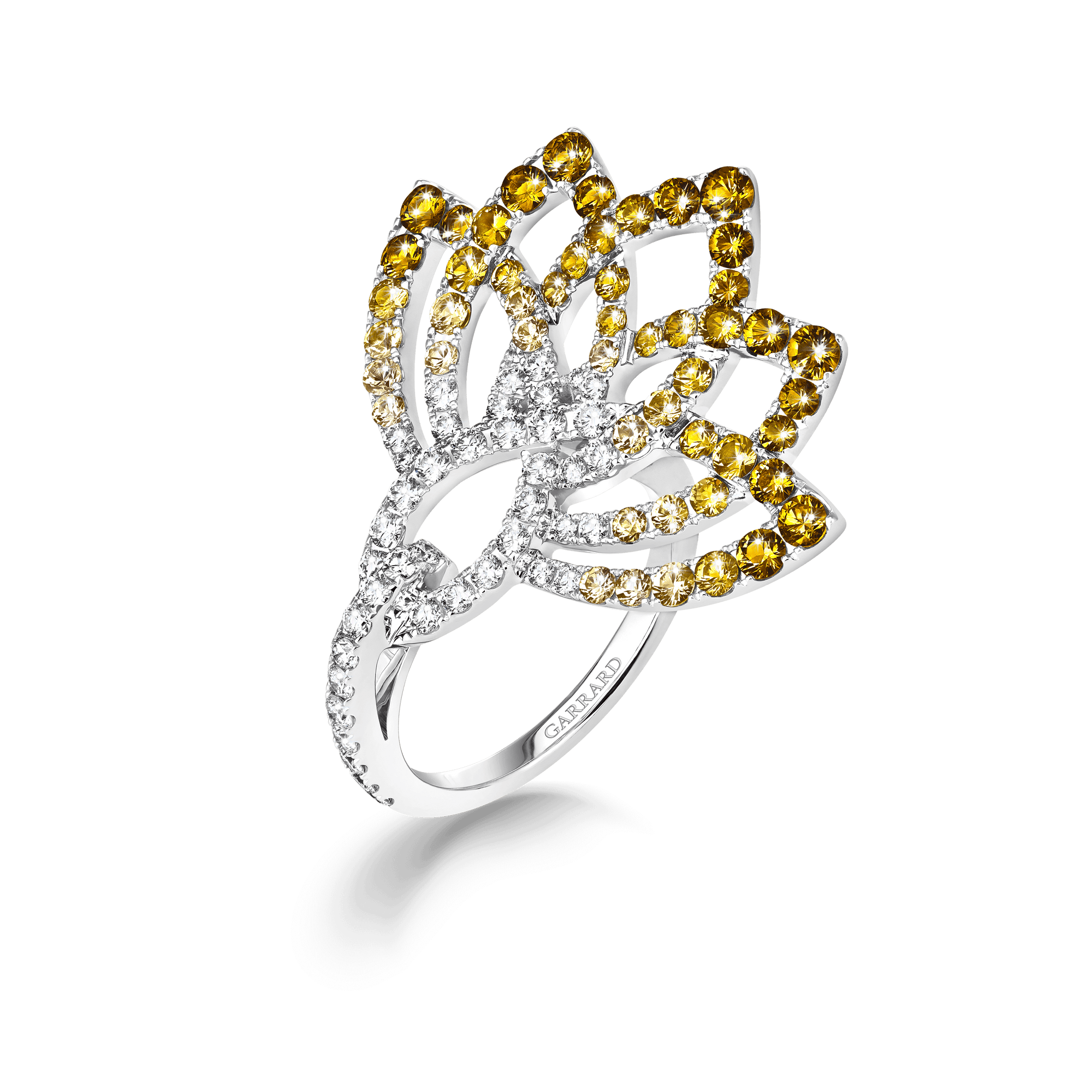 Garrard Lotus Jewellery Collection Lotus Flower Yellow Sapphire and and Diamond Ring in 18K White Gold, 2019336, Hero