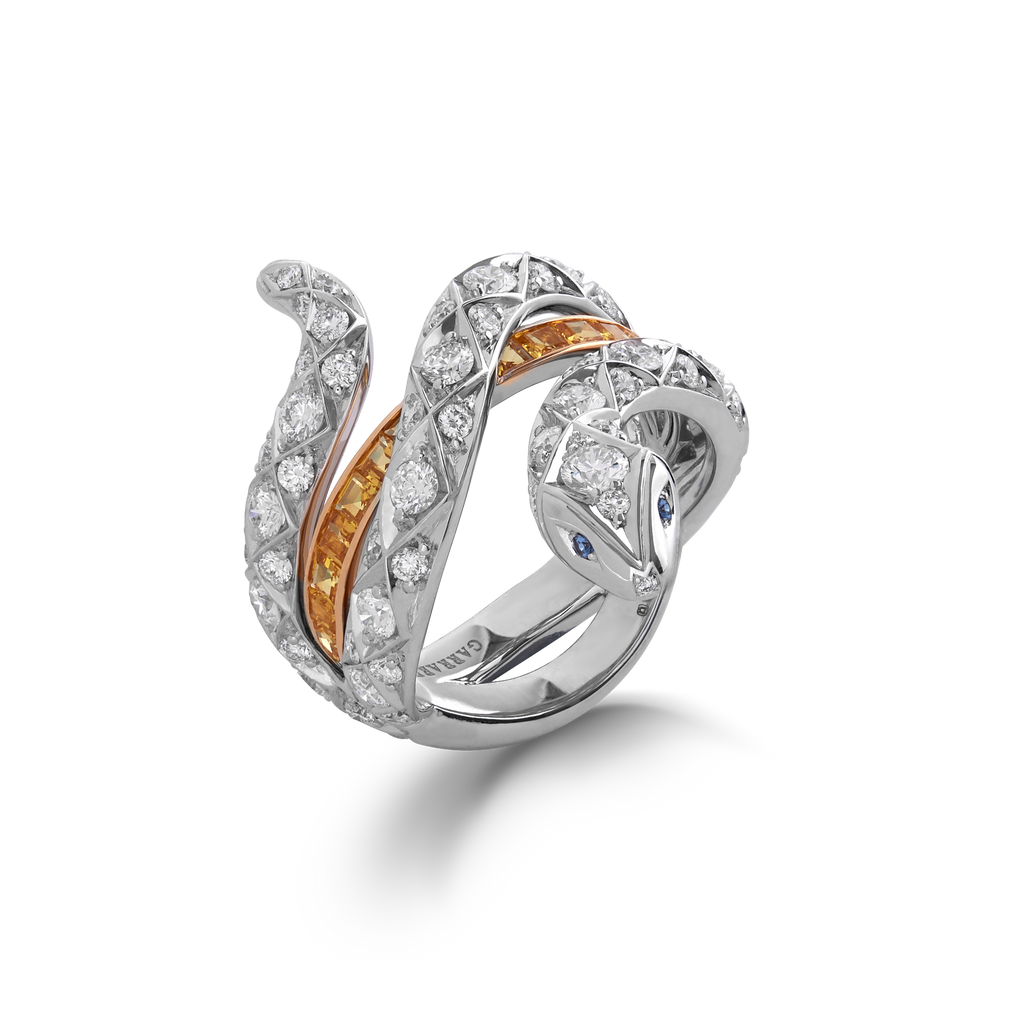 Garrard Muse Serpent Yellow Sapphire and Diamond Ring In 18ct White and Yellow Gold with Blue Sapphires 2016015
