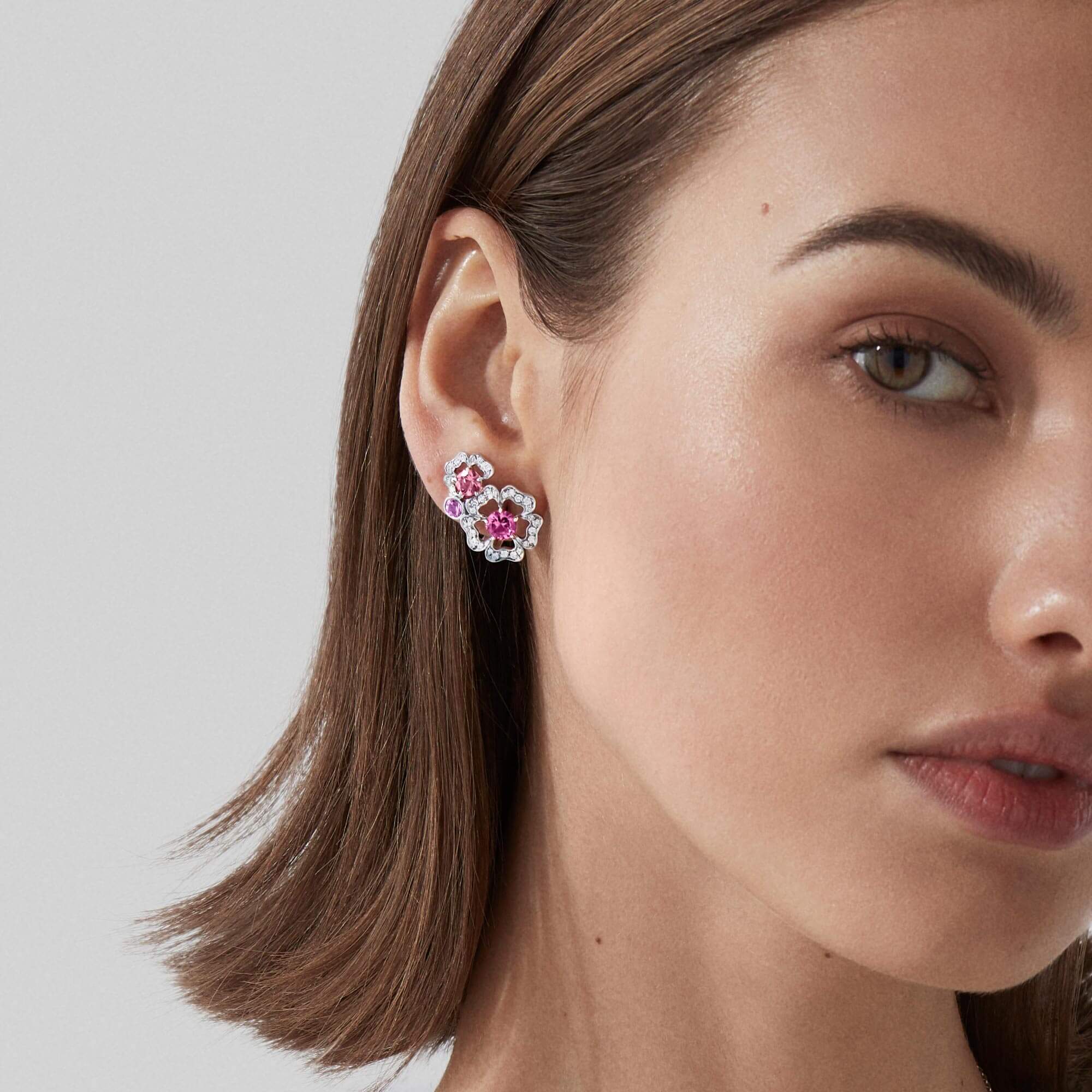 Garrard Tudor Rose jewellery collection Petal Tourmaline Pink Sapphire and Rubellite Ear Climbers In 18ct White Gold with Diamonds 2014345 models 1