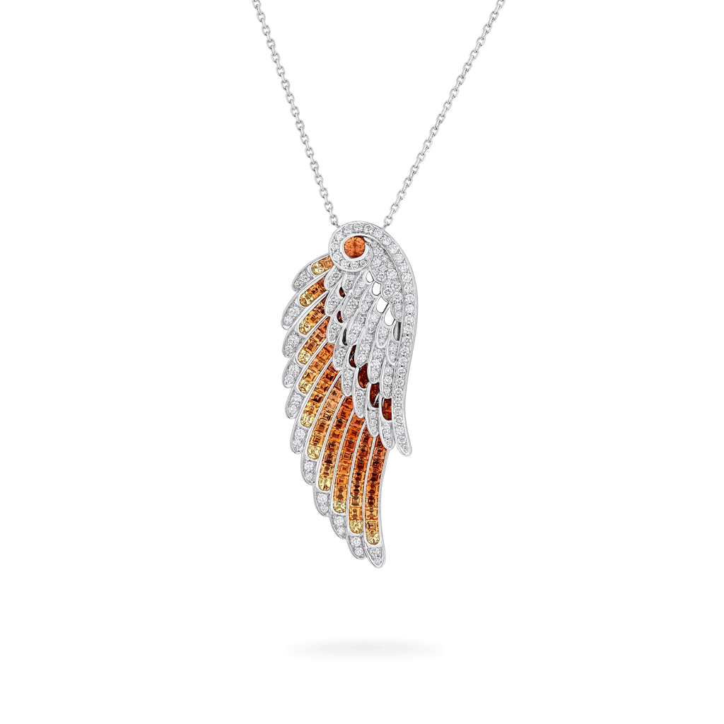 Garrard Wings Embrace jewellery collection Phoenix Slider Pendant In 18ct White Gold with Diamonds and Sapphires 2017607 Hero