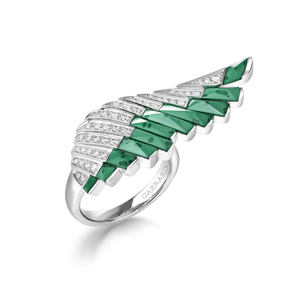 Garrard Wings Rising collection Ring in 18ct White Gold with Diamonds and Apple Malachite 2018629 Hero View