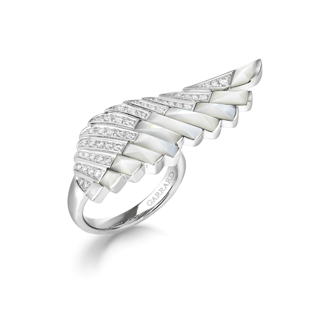 Garrard Wings Rising collection Ring in 18ct White Gold with Diamonds and White Mother of Pearl 2018626 Hero View