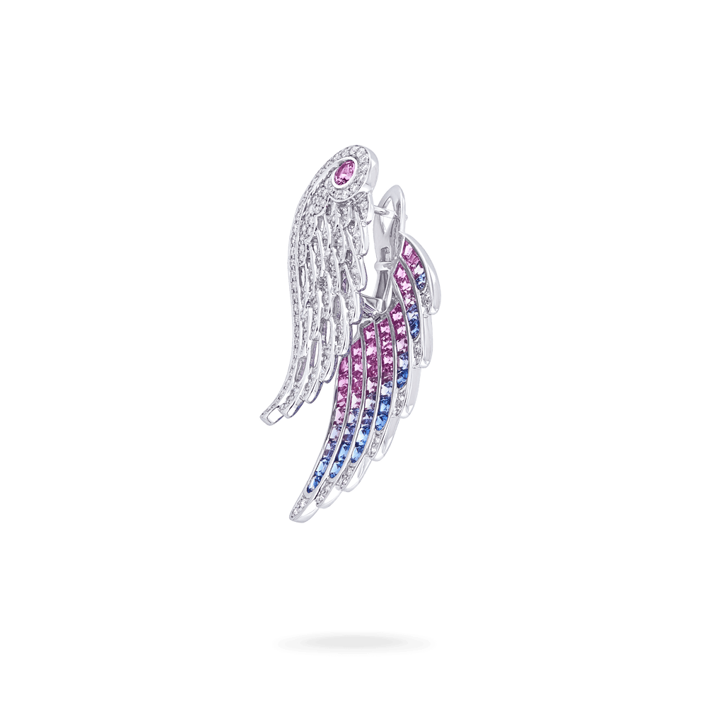 Wings Embrace Bird of Paradise Drop Earrings | In 18ct White Gold with Diamonds and Sapphires