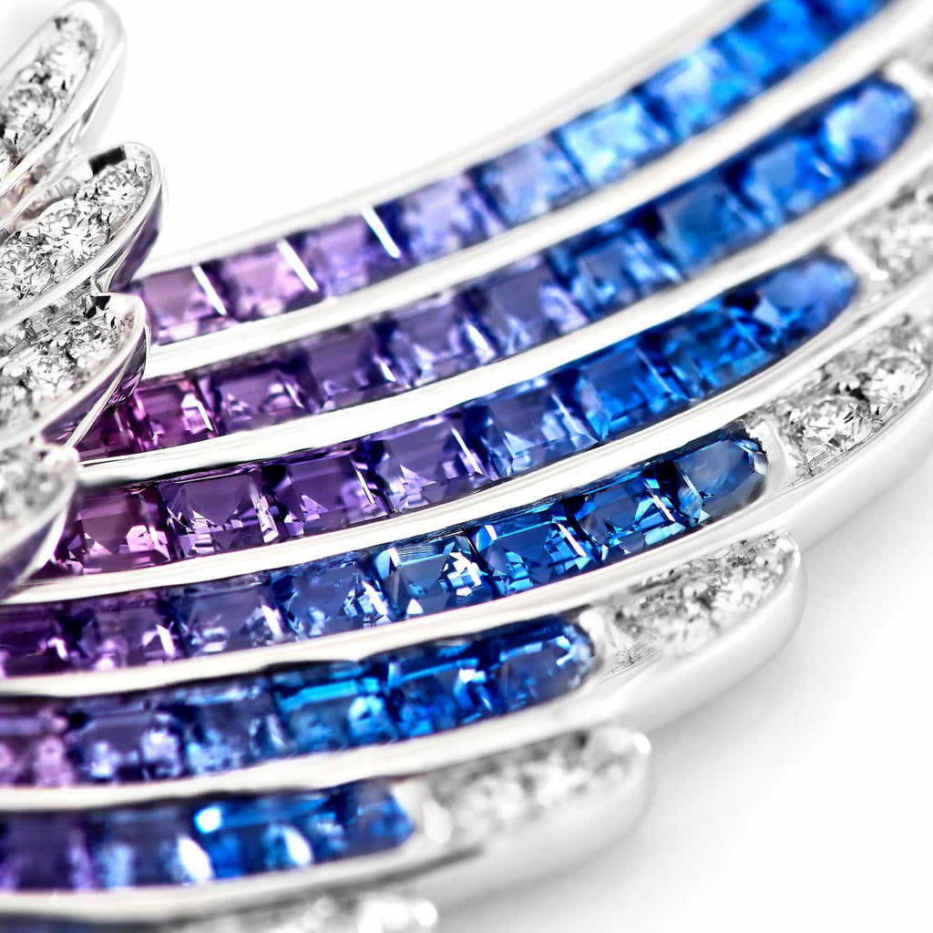 Wings Embrace Bird of Paradise Slider Pendant | In 18ct White Gold with Diamonds and Sapphires