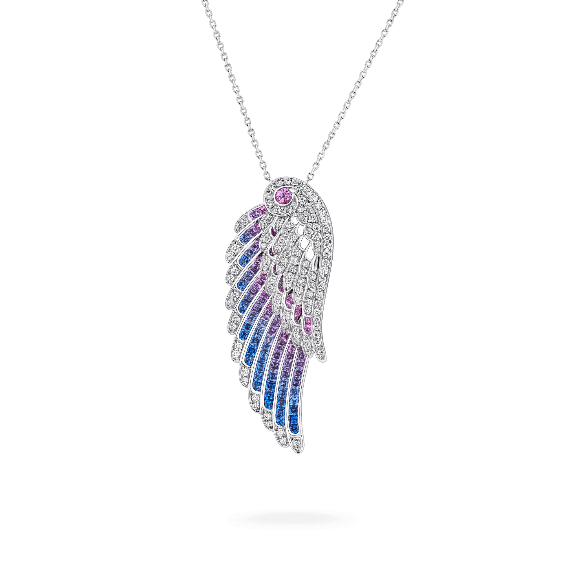 Wings Embrace Bird of Paradise Slider Pendant | In 18ct White Gold with Diamonds and Sapphires