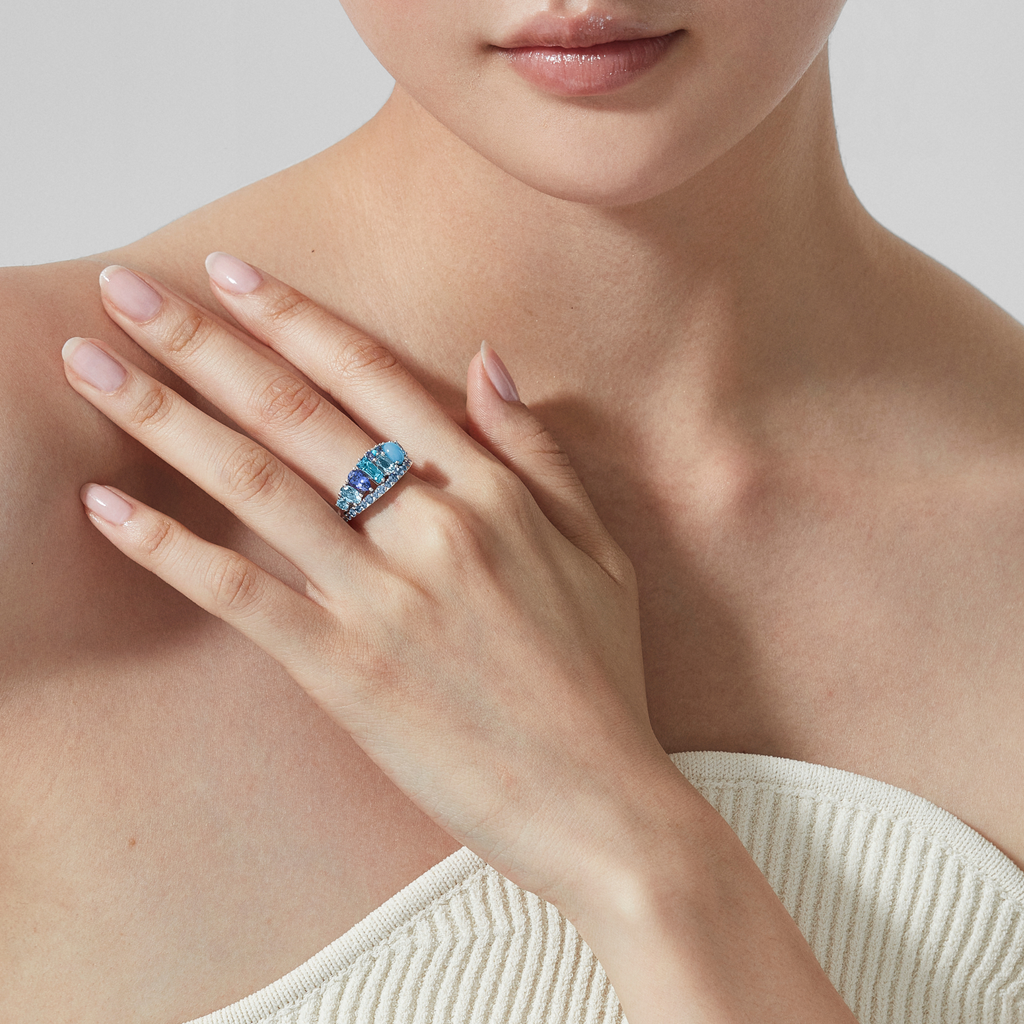 Blaze Blue Sapphire, Tanzanite, Aquamarine, Blue Topaz And Turquoise Band Ring | In 18ct White Gold