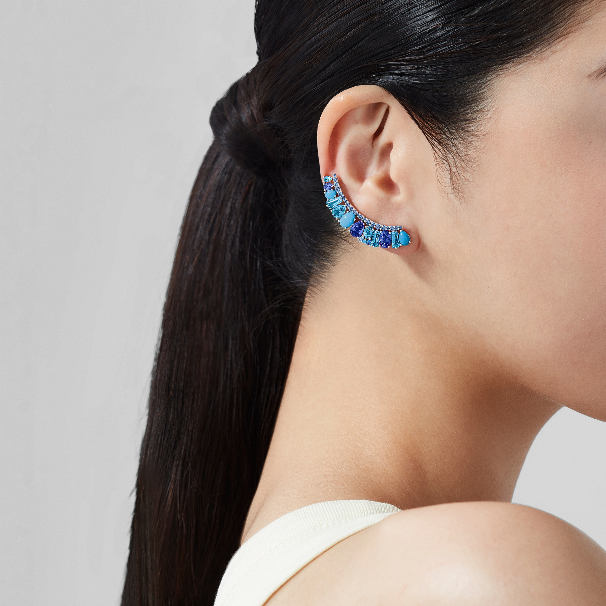 Blaze Blue Sapphire, Tanzanite, Aquamarine, Blue Topaz And Turquoise Ear Climbers | In 18ct White Gold