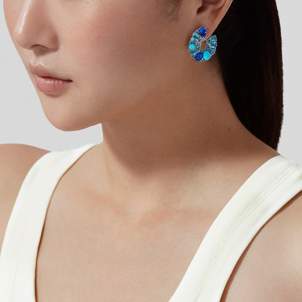 Blaze Blue Sapphire, Tanzanite, Aquamarine, Blue Topaz And Turquoise Hoop Earrings | In 18ct White Gold