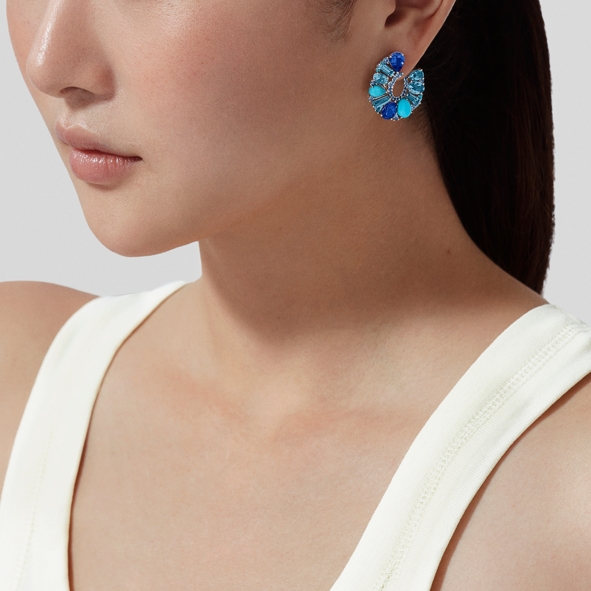 Blaze Blue Sapphire, Tanzanite, Aquamarine, Blue Topaz And Turquoise Hoop Earrings | In 18ct White Gold