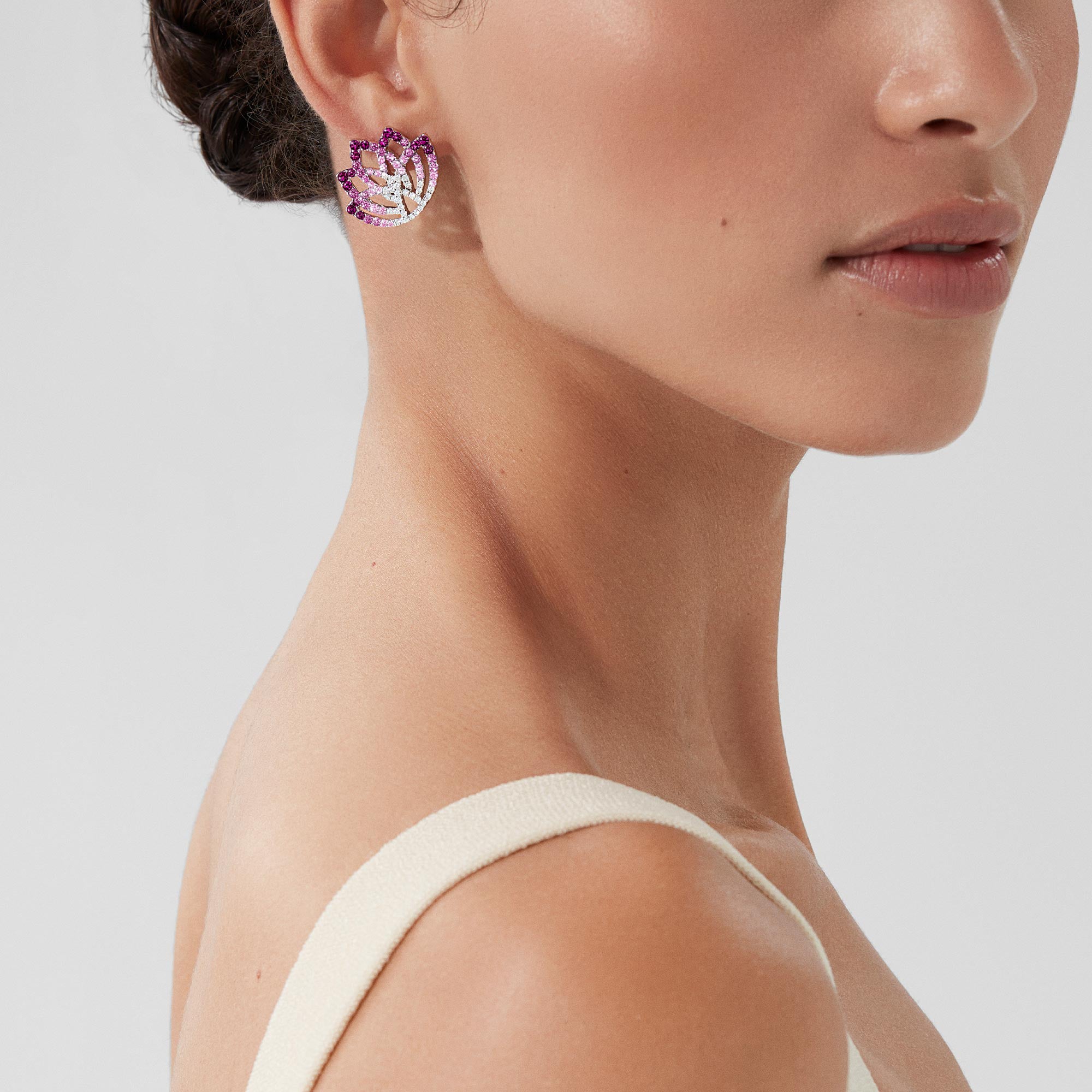 Lotus Flower Pink Sapphire and Diamond Ear Climbers | In 18K White Gold