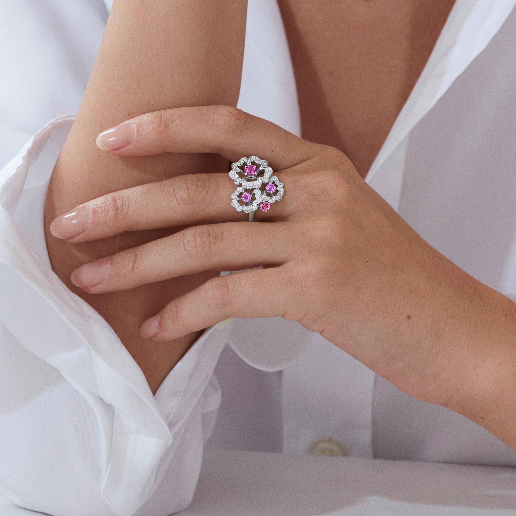 Tudor Rose Petal Tourmaline, Pink Sapphire and Rubellite Ring | In 18ct White Gold with Diamonds