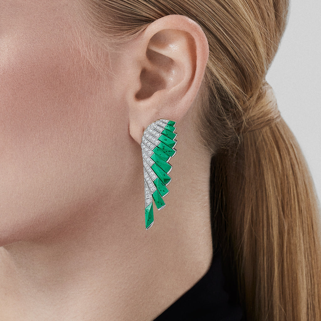 Wings Rising Apple Malachite and Diamond Earrings | In 18ct White Gold