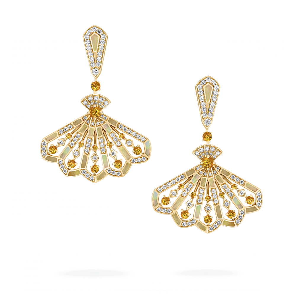 Fanfare Symphony Diamond and Orange Sapphire Drop Earrings | In 18ct Yellow Gold with Golden Mother of Pearl
