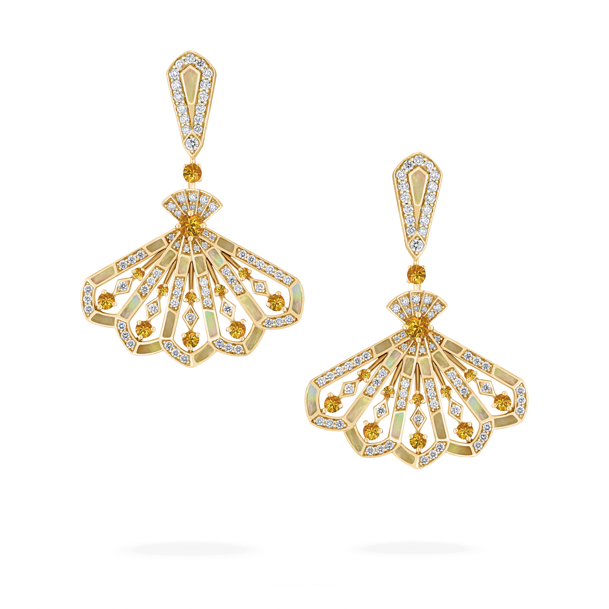 Fanfare Symphony Diamond and Orange Sapphire Drop Earrings | In 18ct Yellow Gold with Golden Mother of Pearl