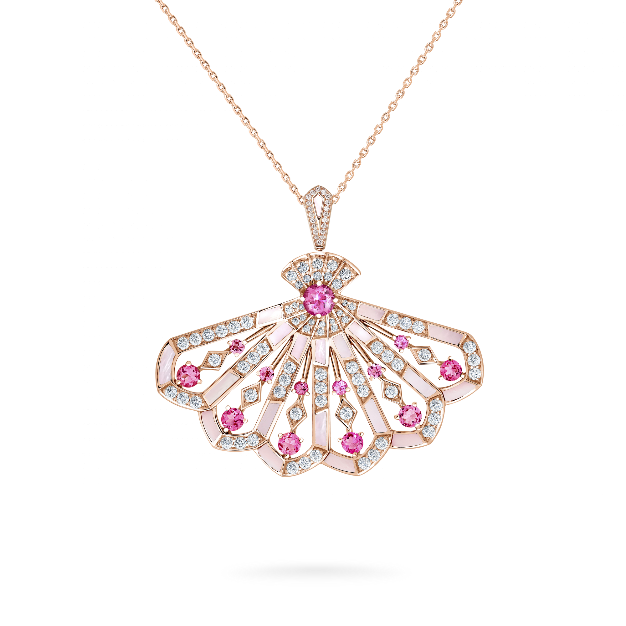 Fanfare Symphony Diamond and Pink Tourmaline Drop Pendant | In 18ct Rose Gold with Pink Opal
