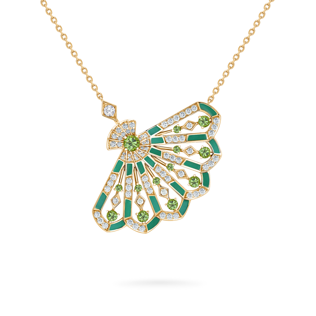 Fanfare Symphony Diamond and Tsavorite Pendant | In 18ct Yellow Gold with Apple Malachite