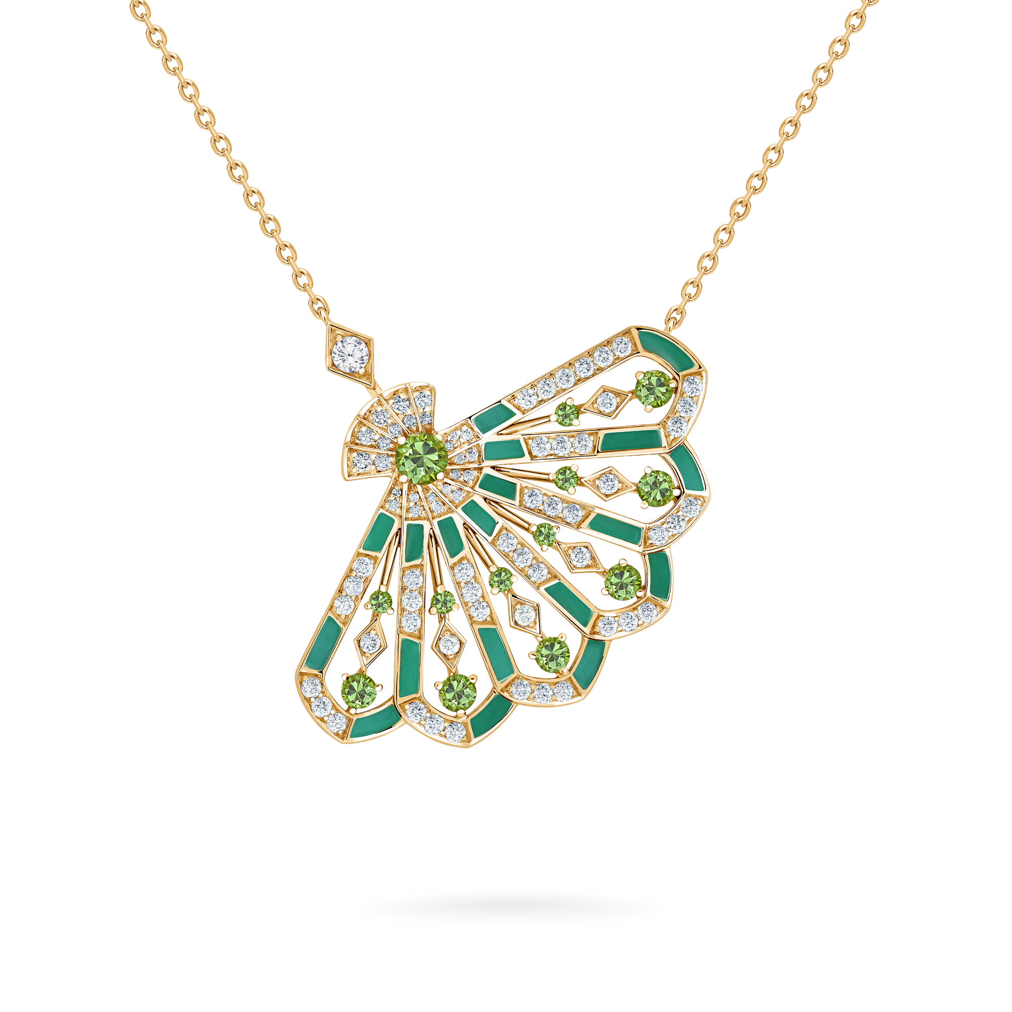 Fanfare Symphony Diamond and Tsavorite Pendant | In 18ct Yellow Gold with Apple Malachite