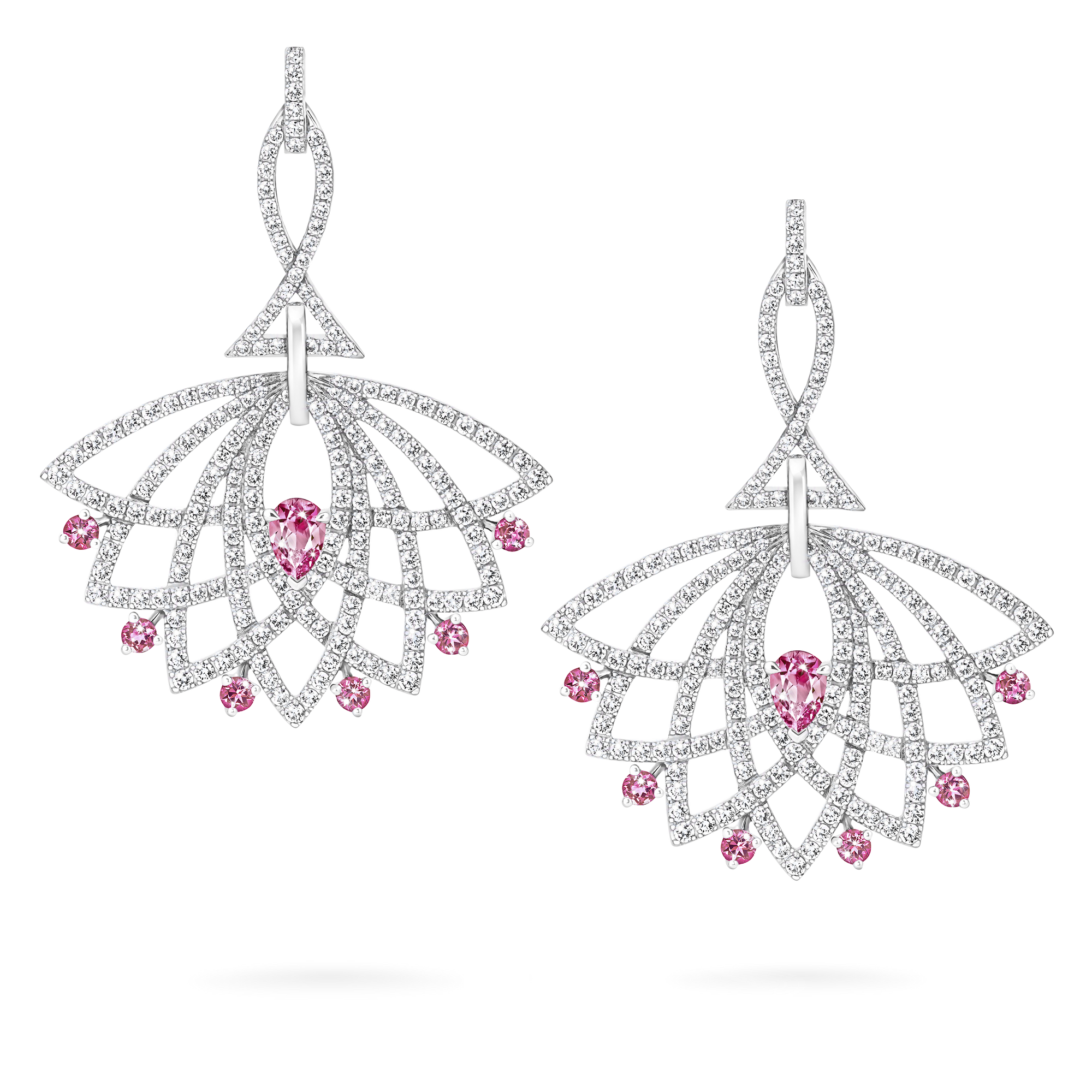 Lotus Bloom Pink Sapphire and Diamond Drop Earrings | In 18K White Gold