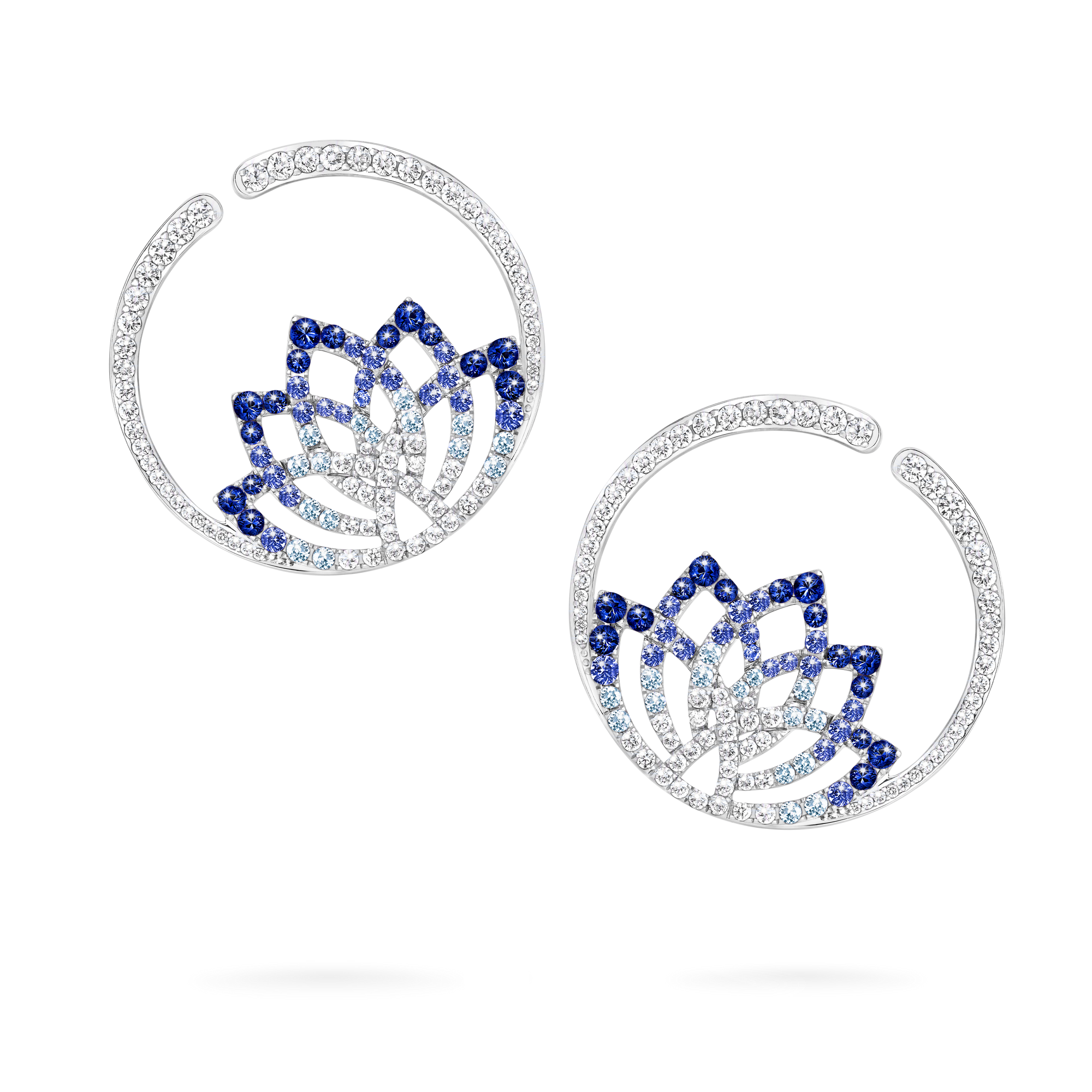 Lotus Flower Sapphire and Diamond Hoop Earrings | In 18K White Gold