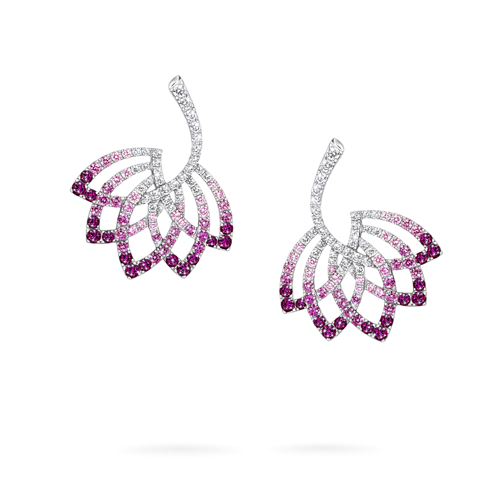 Lotus Flower Pink Sapphire and Diamond Drop Earrings | In 18K White Gold