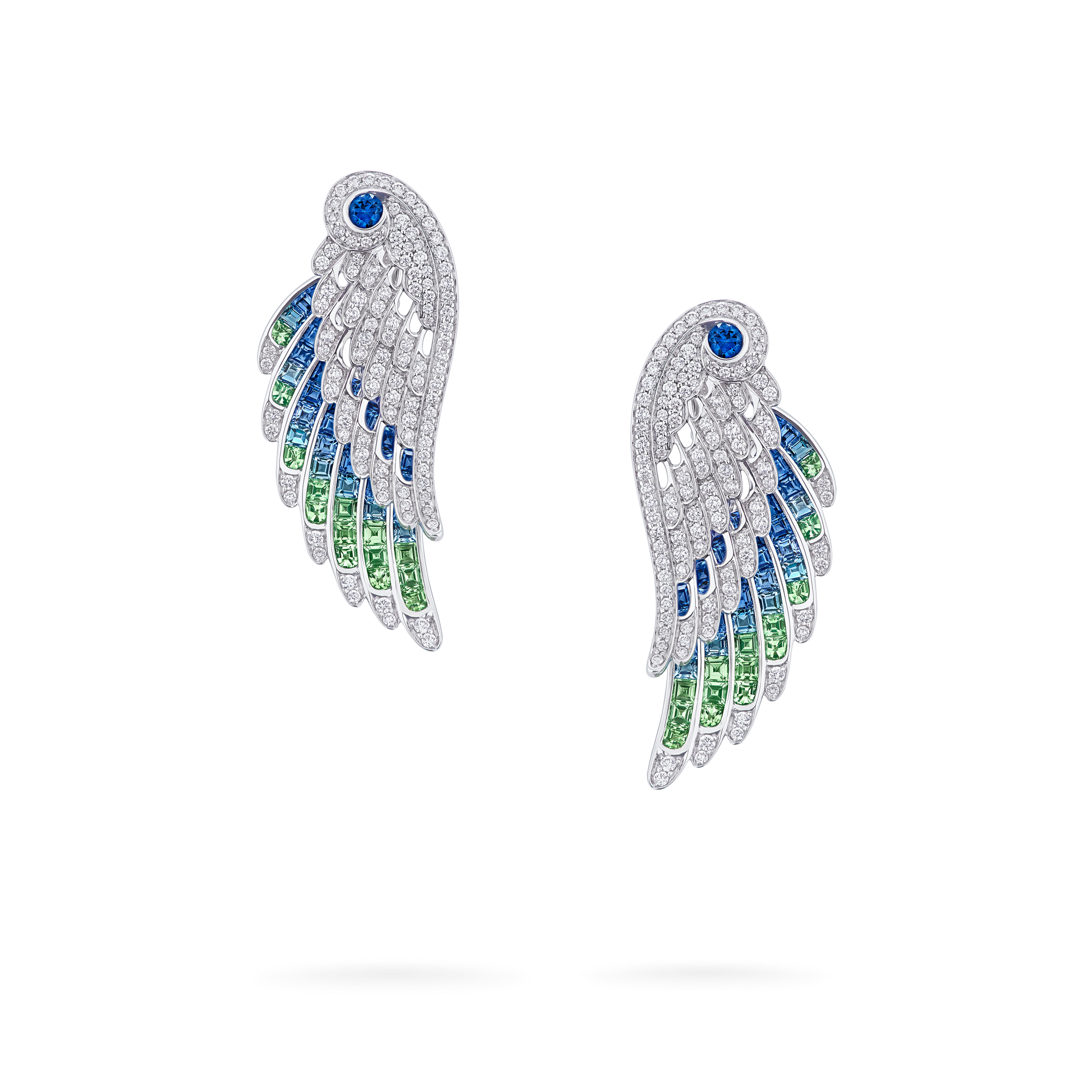 Wings Embrace Peacock Drop Earrings | In 18ct White Gold with Diamonds, Sapphires, Tsavorites and Aquamarines