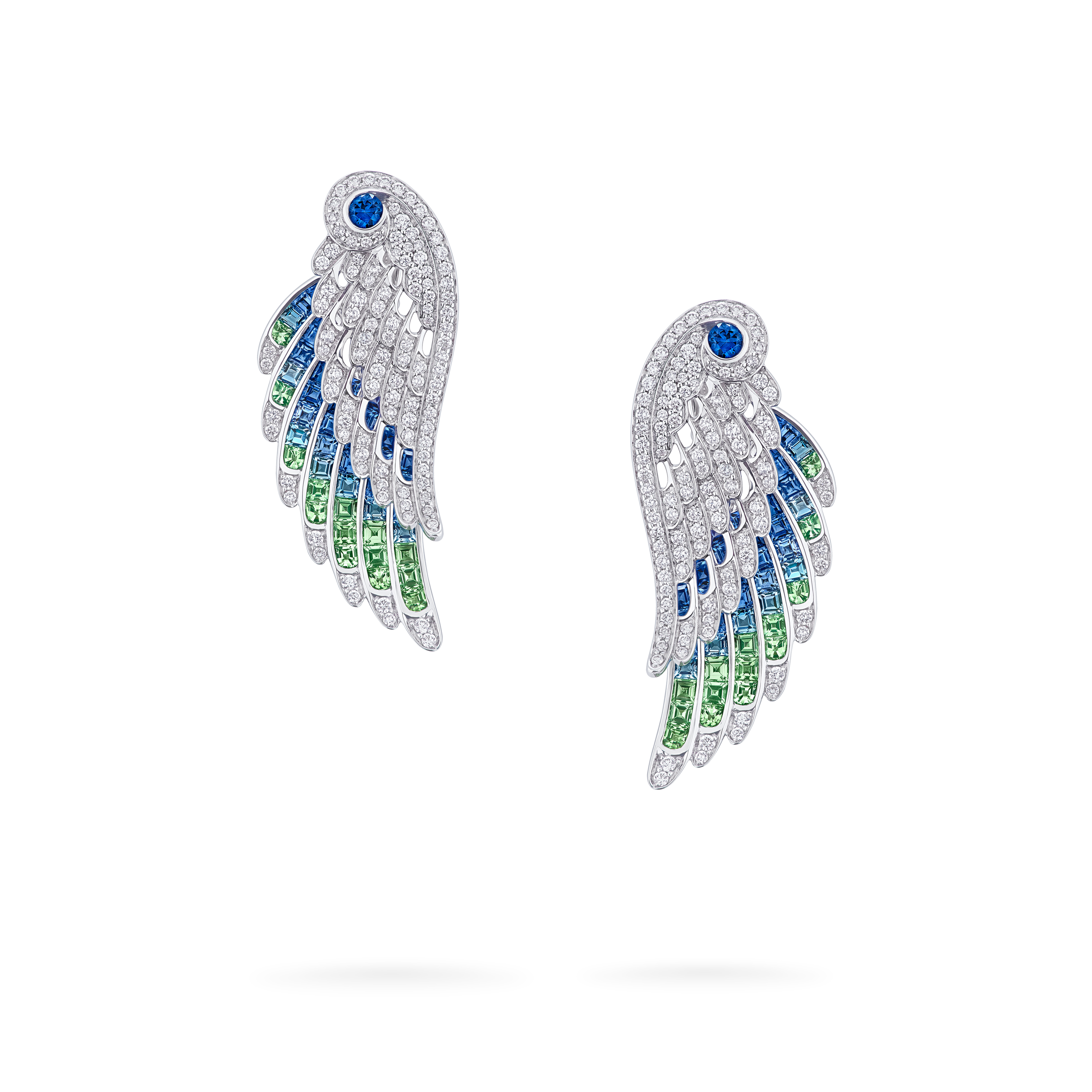 Wings Embrace Peacock Drop Earrings | In 18ct White Gold with Diamonds, Sapphires, Tsavorites and Aquamarines