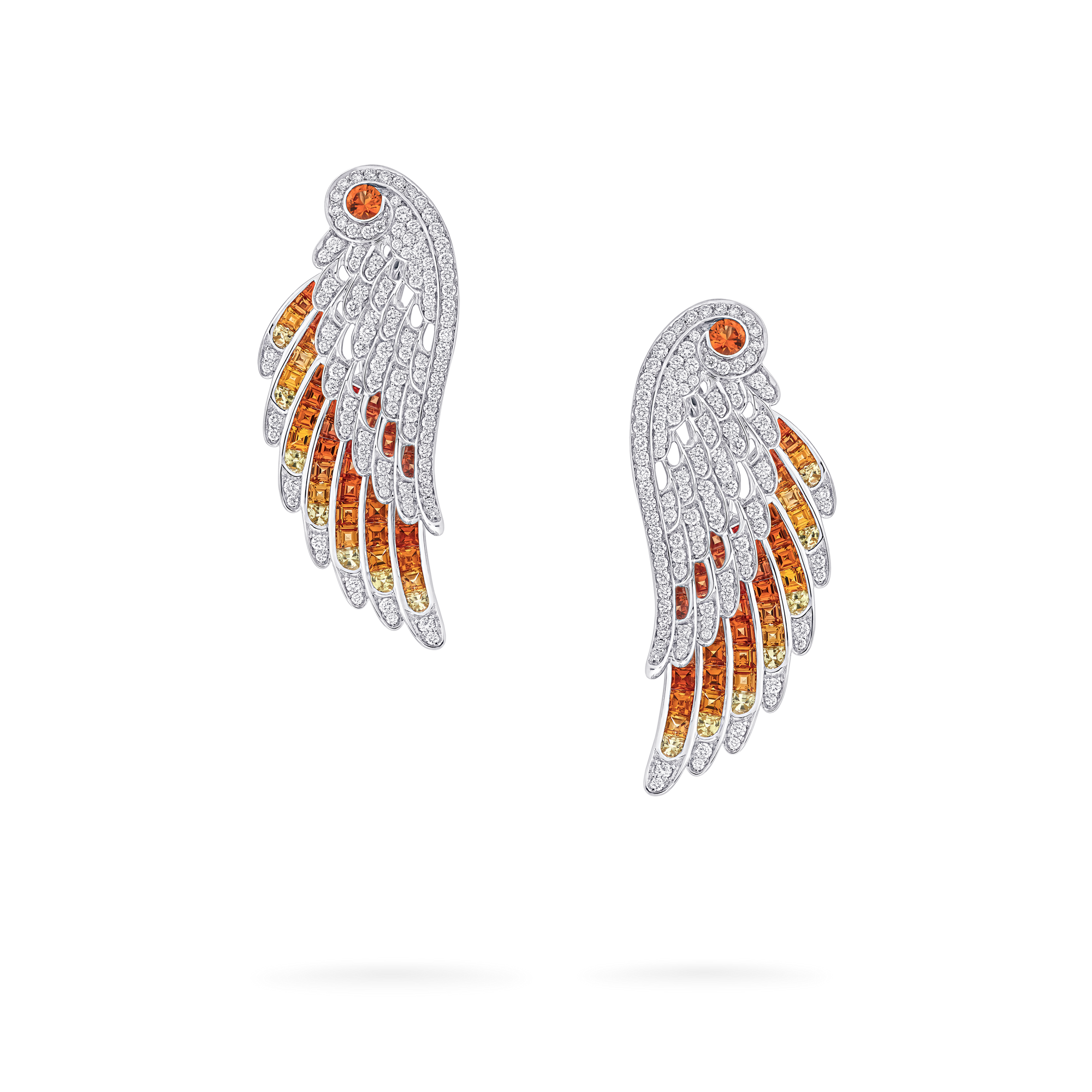 Wings Embrace Phoenix Drop Earrings | In 18ct White Gold with Diamonds and Sapphires